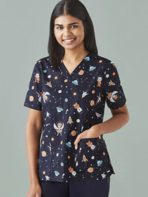 Womens Printed Space Party Scrub Top