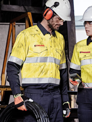 Mens Orange Flame Hi Vis Open Front Spliced Shirt - Hoop Taped